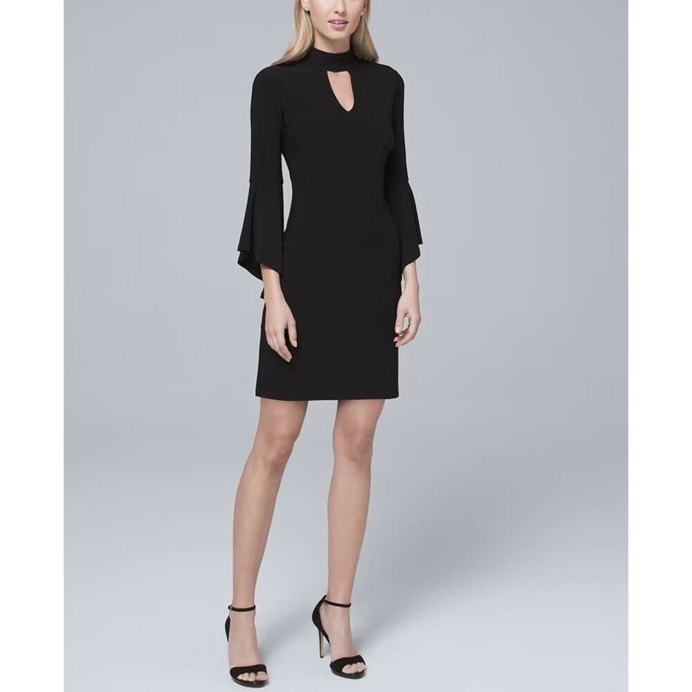 White House Black Market Black Mock Neck Flounce Sleeve Shift Dress, Size S
